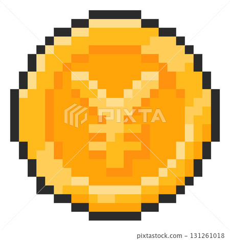 Yuan coin pixel art, vector 8 bit money cash golden coin, Japanese Yen or Chinese Yuan currency bank sign black outline 131261018