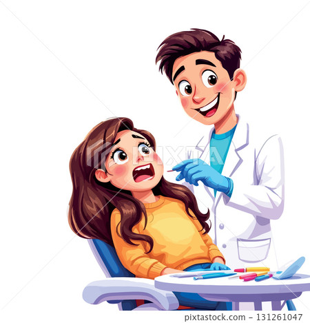 Vsai scared patient opening mouth while dentist is examining teeth 131261047