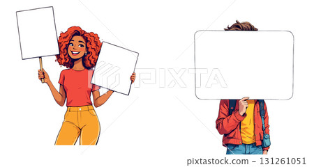 Vsai young activists holding blank protest signs, promoting social change and awareness 131261051