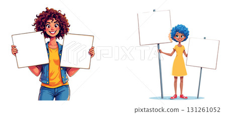 Vsai two smiling women holding blank protest signs with copy space Vsai two smiling women holding blank protest signs with copy space 131261052