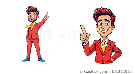 Vsai smiling businessman pointing upwards in red suit Vsai smiling businessman pointing upwards in red suit 131261053
