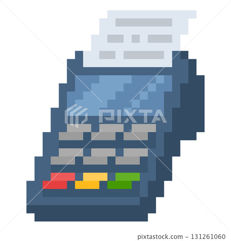 Payment terminal, POS terminal with bank bill pixel art, retro 8 bit approved financial transaction, payment device 131261060