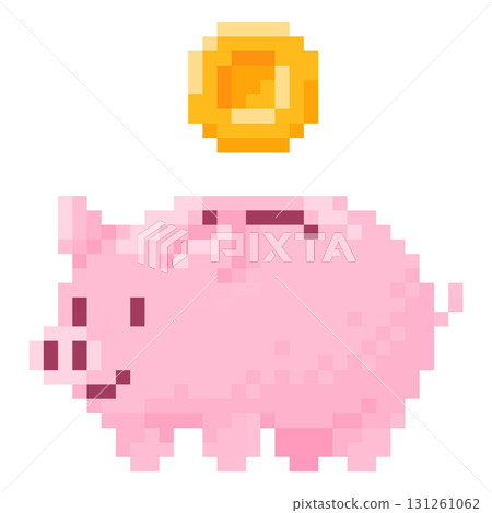Piggy bank and gold coin falling pixel art, vector retro 8 bit moneybox in the pink pig form, money storage safe finance 131261062