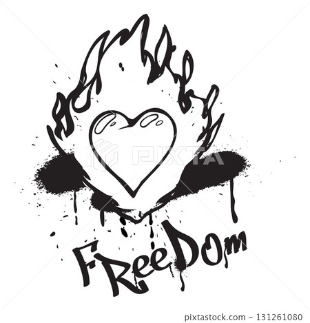 Burning heart, street graffiti, drops, splashes, monochrome illustration, lettering "freedom". 131261080