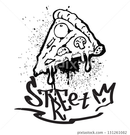 Graffiti with a piece of pizza, cheese, mushrooms, paint splashes, drips, text, "street", crown. Graffiti with a piece of pizza, cheese, mushrooms, paint splashes, drips, text, "street", crown. 131261082