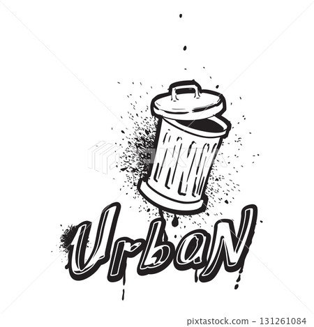 Graffiti poster with open trash can, black and white color and lettering, urban, splashes, drips. Graffiti poster with open trash can, black and white color and lettering, urban, splashes, drips. 131261084