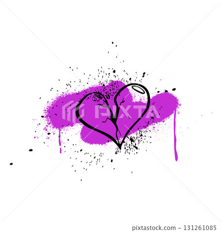 Black spray paint heart on purple smears, vector graffiti spraying lines heart with ink splatters, street art Love 131261085