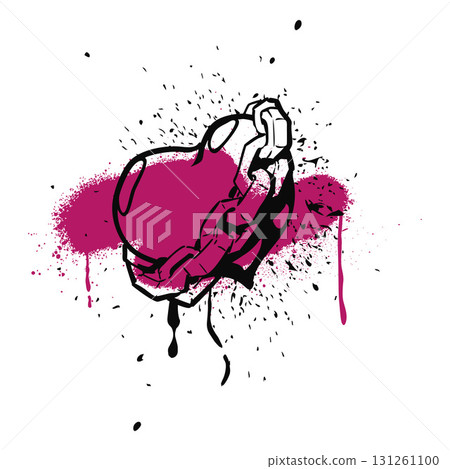 Black spray paint chained heart with Kiss lettering on pink smear, vector graffiti spraying with ink splatters, dripping Black spray paint chained heart with Kiss lettering on pink smear, vector graffiti spraying with ink splatters, dripping 131261100