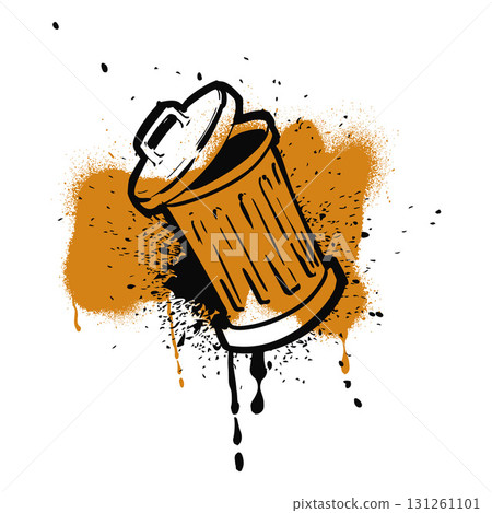 Black and white graffiti, trash can with open lid, splashes and orange stain with drips. Black and white graffiti, trash can with open lid, splashes and orange stain with drips. 131261101