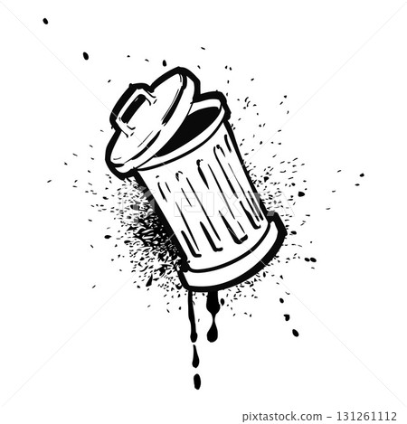 Trash can with a half-open lid, black and white graffiti, splashes. 131261112