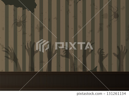 Scary zombie hands rising up and spiders vector illustration, shadow on the old wall of Halloween monster arm silhouette 131261134