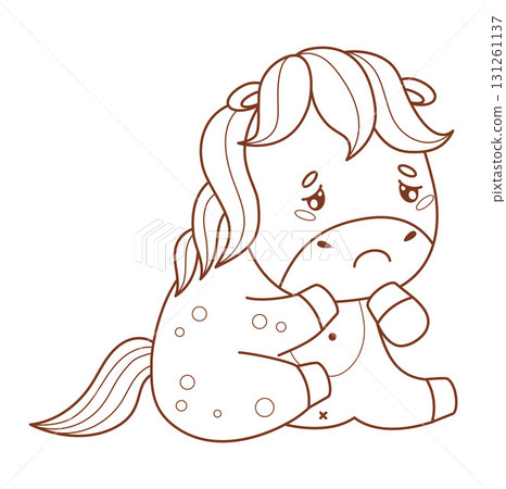 Outline Sad Upset Little Cartoon Horse. Cute emotion Pony Kawaii Animal. Line drawing, coloring book. Vector illustration. Not AI Outline Sad Upset Little Cartoon Horse. Cute emotion Pony Kawaii Animal. Line drawing, coloring book. Vector illustration. Not AI 131261137