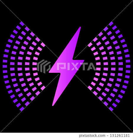 Neon pink wireless connection sign, lightning, charge wave lines, isolated black background. Neon pink wireless connection sign, lightning, charge wave lines, isolated black background. 131261181