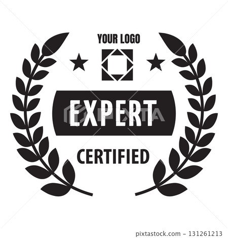Expert certified badge with laurel wreath, guarantee certificate label, high qualification seal, vector black stamp 131261213