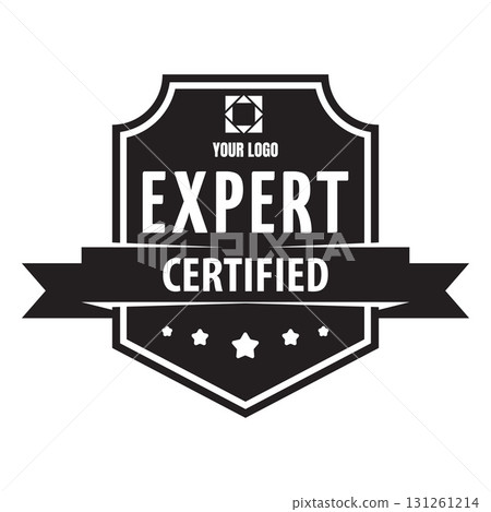 Quality mark emblem, black and white frame, tape with sharp ends, lettering, certified and expert. 131261214
