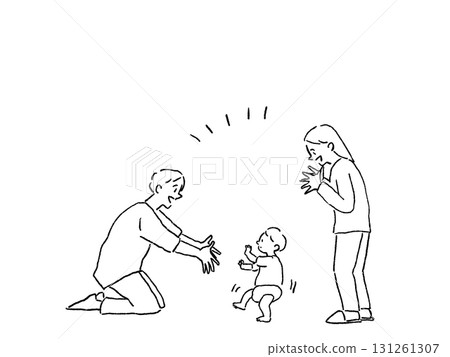 Baby walking for the first time and happy parents, parent and child, family, line drawing, 131261307