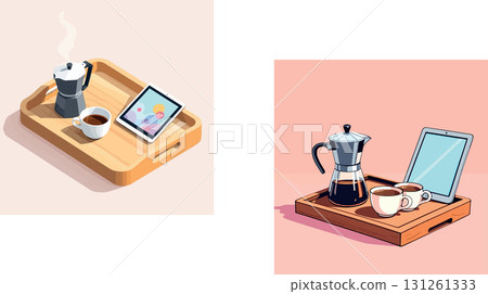 Vsai coffee break with digital tablet and moka pot on wooden tray Vsai coffee break with digital tablet and moka pot on wooden tray 131261333