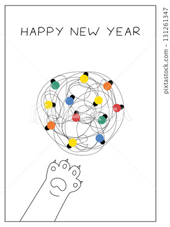 Happy New Year greeting card with cat paw and tangled Christmas lights in minimalist line art style 131261347