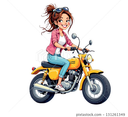 Vsai young woman riding a yellow motorcycle illustration 131261349