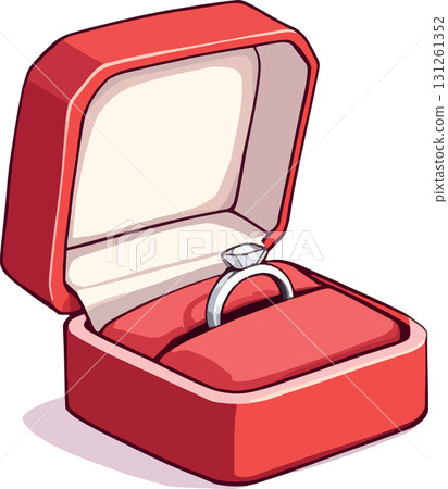 Vsai diamond ring waiting in open red jewelry box 131261352