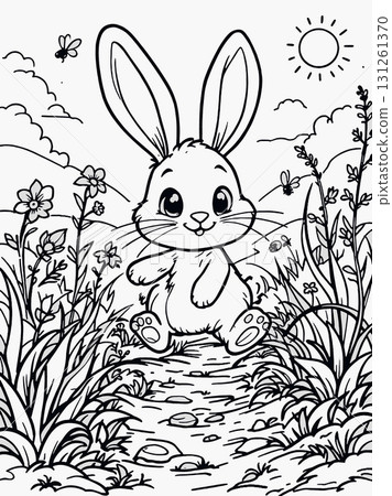 Vsai cute bunny walking on path in sunny meadow coloring page 131261370