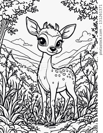 Vsai cute baby deer standing in the forest coloring page 131261371