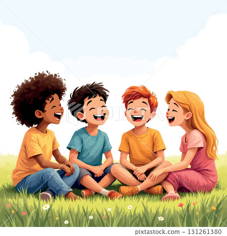 Vsai happy children laughing together in the grass 131261380