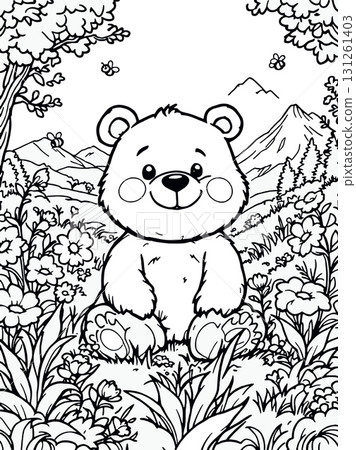 Vsai cute bear cub sitting in meadow, coloring page for kids with mountains and flowers 131261403