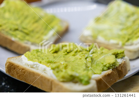 Healthy avocado toast with creamy spread and fresh mashed avocado on a plate, ideal for a nutritious and delicious breakfast or brunch Healthy avocado toast with creamy spread and fresh mashed avocado on a plate, ideal for a nutritious and delicious breakfast or brunch 131261441