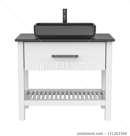 White wash basin cabinet with black sink and faucet 131261568