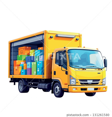 Vsai yellow delivery truck full of packages delivering merchandise Vsai yellow delivery truck full of packages delivering merchandise 131261580