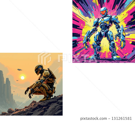 Vsai robots contemplating sunset and emerging from vaporwave background Vsai robots contemplating sunset and emerging from vaporwave background 131261581