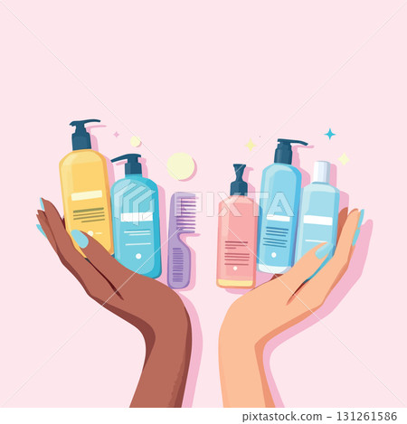 Vsai hands holding various colorful shampoo and conditioner bottles and a comb Vsai hands holding various colorful shampoo and conditioner bottles and a comb 131261586