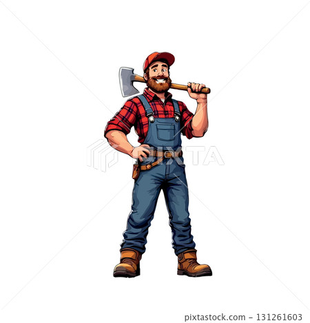 Vsai lumberjack holding axe on shoulder smiling cartoon character 131261603