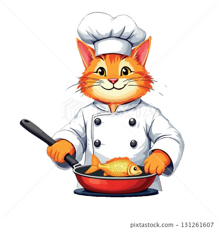 Vsai ginger cat chef cooking fish in a frying pan 131261607