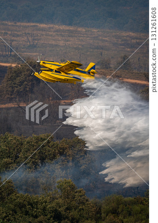 Yellow Firefighting Plane in Action Against Wildfire 131261608