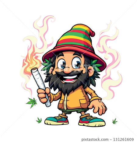 Vsai cartoon stoner holding a lit joint and smiling 131261609
