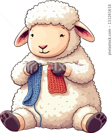 Vsai smiling sheep knitting a scarf with red and blue yarn 131261618