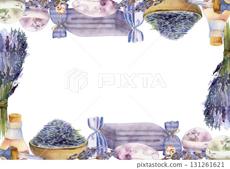 Lavender cosmetic set with bath bomb, soap bar, towel, essential oil bottle, seeds heap. Isolated border frame illustration hand drawn in watercolor. Spa product packaging, self-care blog, wellness 131261621
