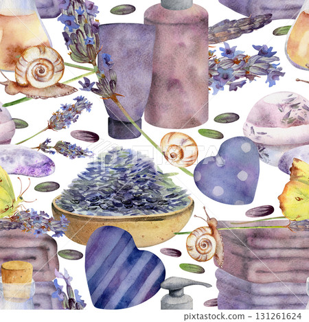 Lavender sprigs seeds, soap bars, bottles towels bath bombs, butterflies and snails. Hand drawn in watercolor, seamless pattern isolated illustration. Spa product labels, gift wrap, wellness packaging Lavender sprigs seeds, soap bars, bottles towels bath bombs, butterflies and snails. Hand drawn in watercolor, seamless pattern isolated illustration. Spa product labels, gift wrap, wellness packaging 131261624