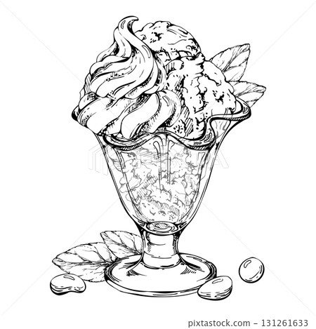 Gelato scoop, soft serve with mint leaves, dragee candy bonbons in sundae glass bowl. Vector graphic illustration hand drawn in pen and ink. Kids dessert illustration, menu banner, handcraft packaging Gelato scoop, soft serve with mint leaves, dragee candy bonbons in sundae glass bowl. Vector graphic illustration hand drawn in pen and ink. Kids dessert illustration, menu banner, handcraft packaging 131261633