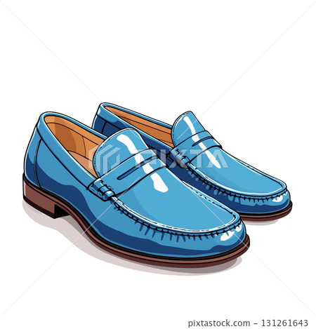 Vsai pair of stylish blue penny loafers casting a shadow on white background Vsai pair of stylish blue penny loafers casting a shadow on white background 131261643