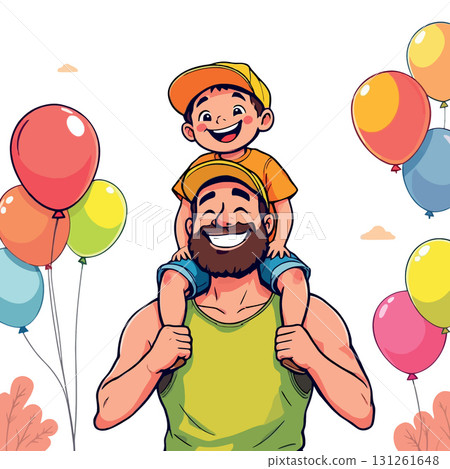 Vsai happy father carrying smiling son on shoulders at birthday party Vsai happy father carrying smiling son on shoulders at birthday party 131261648