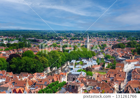 Bruges, Belgium Aerial View of Historic Cityscape with Medieval Architecture and Green Spaces 131261766