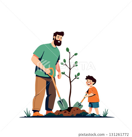 Vsai father and son planting a tree sapling together in a garden 131261772