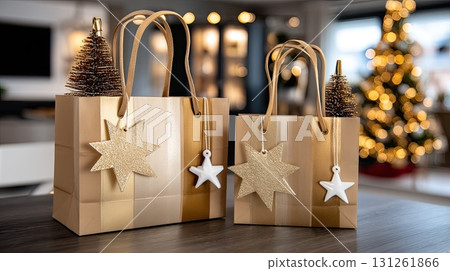 Three unique wooden Christmas trees sit in white pots, surrounded by hanging stars, creating a cozy holiday atmosphere 131261866