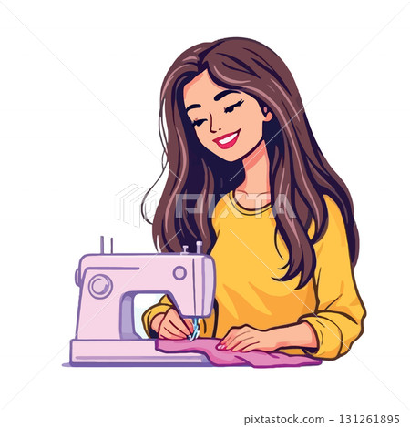 Vsai seamstress sewing pink fabric with sewing machine 131261895