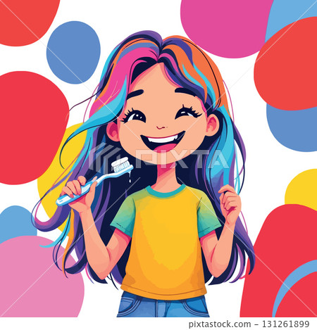 Vsai happy girl holding toothbrush showing healthy white teeth, promoting oral hygiene Vsai happy girl holding toothbrush showing healthy white teeth, promoting oral hygiene 131261899