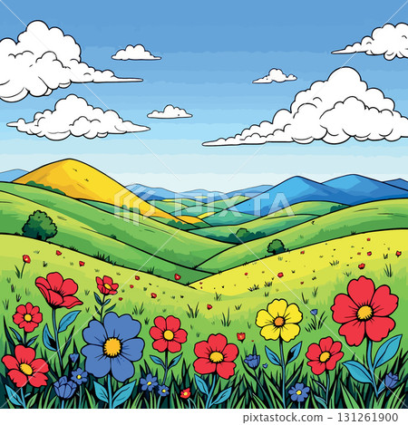 Vsai blooming hills and valleys under a cloudy sky, cartoon landscape Vsai blooming hills and valleys under a cloudy sky, cartoon landscape 131261900