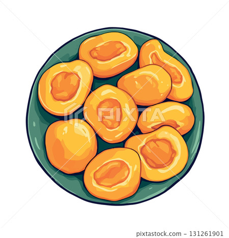 Vsai freshly cut apricots arranged on green plate, overhead view Vsai freshly cut apricots arranged on green plate, overhead view 131261901